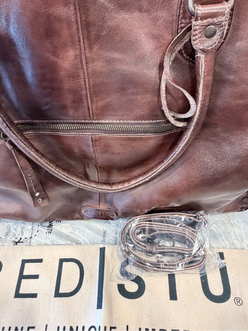 Bed Stu Rockaway Stitch-Detail Distressed
Satchel Bag color-Teak Rustic - Picture 13 of 16